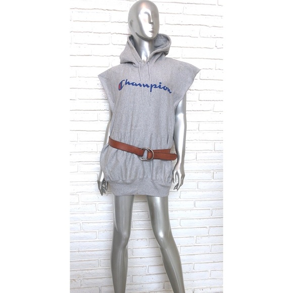 Champion Hooded Gray Sweatshirt Cut Off Sleeves L - Picture 2 of 8